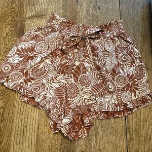 Angie Rust and Cream Floral High-Waist Tie Shorts